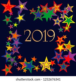Colorful stars confetti and lettering 2019. Christmas backdrop. Shiny abstract glowing design. New Year cover.