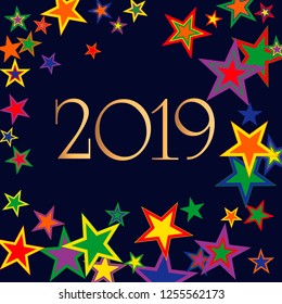 Colorful stars confetti and lettering 2019. Christmas backdrop. Shiny abstract glowing design. New Year cover.