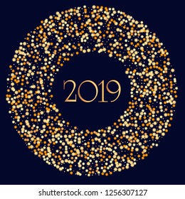 Colorful stars confetti and lettering 2019. Christmas backdrop. Shiny abstract glowing design. New Year cover.