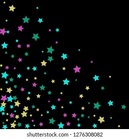 Colorful Stars Confetti, Mystery Sparkling Vector Background. Trendy Glowing Magic Glitter, Lights. Festive Falling Colorful Stars Confetti for Ads, Posters. 
