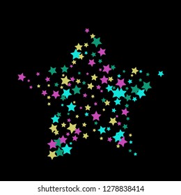 Colorful Stars Confetti, Mystery Sparkling Vector Background. Trendy Glowing Magic Glitter, Lights. Festive Falling Colorful Stars Confetti for Ads, Posters. 
