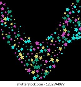 Colorful Stars Confetti, Mystery Sparkling Vector Background. Trendy Glowing Magic Glitter, Lights. Festive Falling Colorful Stars Confetti for Ads, Posters. 
