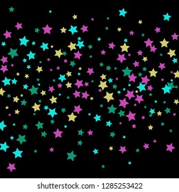 Colorful Stars Confetti, Mystery Sparkling Vector Background. Trendy Glowing Magic Glitter, Lights. Festive Falling Colorful Stars Confetti for Ads, Posters. 
