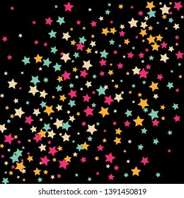 Colorful Stars Confetti, Mystery Sparkling Vector Background. Trendy Glowing Magic Glitter, Lights. Festive Falling Colorful Stars Confetti for Ads, Posters. 
