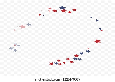Colorful stars confetti scattered on transparent texture. Swirl starry festive background. Tricolor red blue white stars elements banner for wedding, invitation cards, birthday decoration.