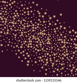 Colorful stars confetti spread diagonally. Isolated gradient celestial elements. Brass metal shine. Iridescent glitter festive celebration vector template for celebration decoration