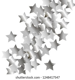 Colorful stars confetti spread diagonally. Isolated gradient stellar elements. Silver metal glitter. Holiday celebration luminous glossy vector template for decorations