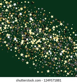 Colorful stars confetti spread diagonally. Isolated gradient celestial elements. Platinum chrome metallic gloss. Iridescent festive  celebration vector  template for decorations, packaging.