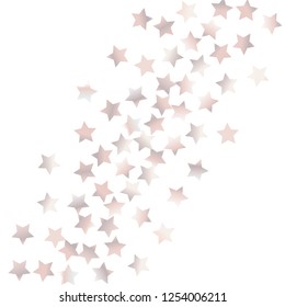 Colorful stars confetti spread diagonally. Isolated gradient stellar elements. Pale pink blue pearl nacre shine. Holiday celebration luminous glossy vector template 