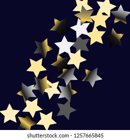 Colorful stars confetti spread diagonally. Isolated gradient stellar elements. Platinum chrome metal glitter. Holiday celebration luminous vector template for decorations, packaging.