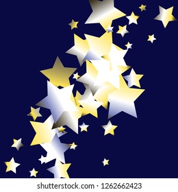 Colorful stars confetti spread diagonally. Isolated yellow blue white grey gradient stellar elements. Festive iridescent holographic shine effect vector template for celebration decoration