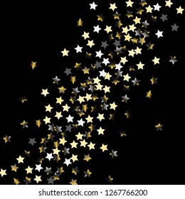 Colorful stars confetti spread diagonally. Isolated gradient stellar elements. Platinum chrome metallic gloss. Festive iridescent holographic effect vector template for decorations, packaging.