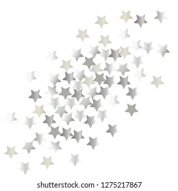 Colorful stars confetti spread diagonally. Isolated gradient celestial elements. Platinum metal shine. Festive iridescent holographic shine effect vector template for decorations