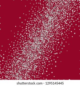 Colorful stars confetti spread diagonally. Isolated gradient celestial elements. Silver metal glitter. Festive iridescent holographic shine effect vector template for decorations