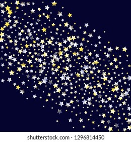 Colorful stars confetti spread diagonally. Isolated yellow blue white grey gradient stellar elements. Holiday celebration luminous glossy vector template for celebration decoration