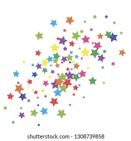 Colorful stars confetti spread diagonally. Isolated rainbow colors stellar elements. Festive bright vector background for celebration decorations.