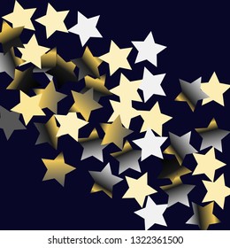 Colorful stars confetti spread diagonally. Isolated gradient celestial elements. Platinum chrome metallic gloss. Iridescent festive  celebration vector  template for decorations, packaging.