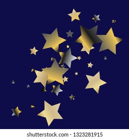 Colorful stars confetti spread diagonally. Isolated gradient stellar elements. Platinum chrome metallic gloss. Festive iridescent holographic effect vector template for decorations, packaging.