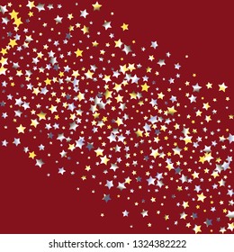 Colorful stars confetti spread diagonally. Isolated yellow blue white grey gradient stellar elements. Festive iridescent holographic shine effect vector template for celebration decoration