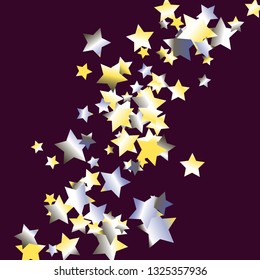 Colorful stars confetti spread diagonally. Isolated yellow blue white grey gradient stellar elements. Iridescent glitter festive celebration vector template for celebration decoration
