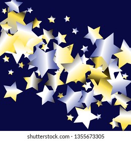 Colorful stars confetti spread diagonally. Isolated yellow blue white grey gradient stellar elements. Festive iridescent holographic shine effect vector template for celebration decoration
