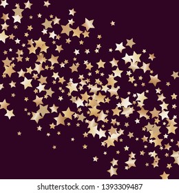 Colorful stars confetti spread diagonally. Isolated gradient celestial elements. Brass metal glitter. Festive iridescent holographic shine effect vector template for celebration decoration