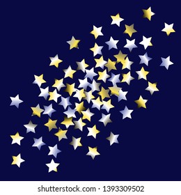 Colorful stars confetti spread diagonally. Isolated yellow blue white grey gradient celestial elements. Iridescent glitter festive celebration vector template for celebration decoration