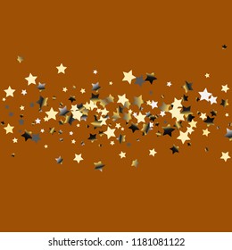 Colorful stars confetti spread horizontally. Isolated gradient stellar elements. Platinum chrome metal glitter. Holiday celebration luminous vector template for decorations, packaging.