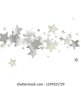 Colorful stars confetti spread horizontally. Isolated gradient stellar elements. Platinum metallic gloss. Holiday celebration luminous glossy vector template for decorations