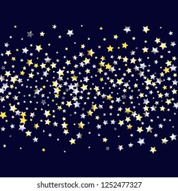 Colorful stars confetti spread horizontally. Isolated yellow blue white grey gradient celestial elements. Festive iridescent holographic shine effect vector template for celebration decoration