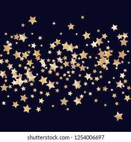 Colorful stars confetti spread horizontally. Isolated gradient celestial elements. Brass metallic gloss. Festive iridescent holographic shine effect vector template for celebration decoration