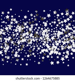 Colorful stars confetti spread horizontally. Isolated gradient celestial elements. Silver metal shine. Festive iridescent holographic shine effect vector template for decorations