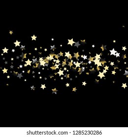 Colorful stars confetti spread horizontally. Isolated gradient celestial elements. Platinum chrome metal glitter. Holiday celebration luminous vector template for decorations, packaging.