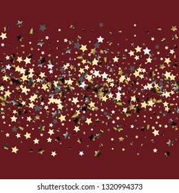 Colorful stars confetti spread horizontally. Isolated gradient celestial elements. Platinum chrome metal shine. Holiday celebration luminous vector template for decorations, packaging.