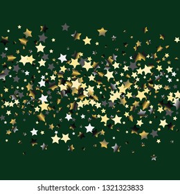 Colorful stars confetti spread horizontally. Isolated gradient stellar elements. Platinum chrome metal glitter. Iridescent festive  celebration vector  template for decorations, packaging.