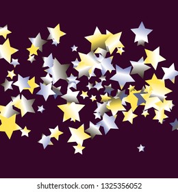 Colorful stars confetti spread horizontally. Isolated yellow blue white grey gradient stellar elements. Iridescent glitter festive celebration vector template for celebration decoration