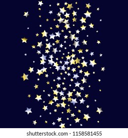 Colorful stars confetti spread vertically. Isolated yellow blue white grey gradient stellar elements. Festive iridescent holographic shine effect vector template for celebration decoration