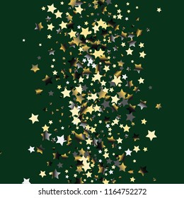 Colorful stars confetti spread vertically. Isolated gradient celestial elements. Platinum chrome metal shine. Holiday celebration luminous vector template for decorations, packaging.