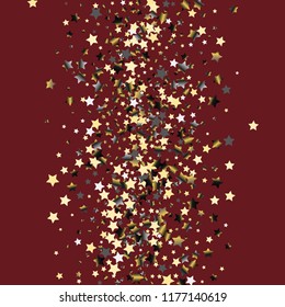 Colorful stars confetti spread vertically. Isolated gradient stellar elements. Platinum chrome metal glitter. Holiday celebration luminous vector template for decorations, packaging.