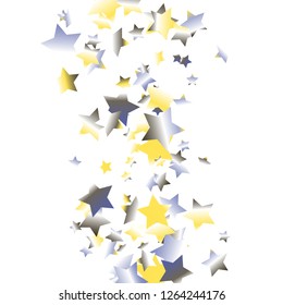 Colorful stars confetti spread vertically. Isolated yellow blue white grey gradient stellar elements. Festive iridescent holographic shine effect vector template for celebration decoration