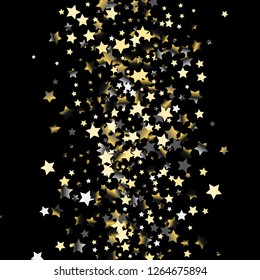 Colorful stars confetti spread vertically. Isolated gradient celestial elements. Platinum chrome metal glitter. Holiday celebration luminous vector template for decorations, packaging.