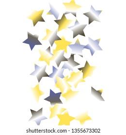 Colorful stars confetti spread vertically. Isolated yellow blue white grey gradient celestial elements. Iridescent glitter festive celebration vector template for celebration decoration