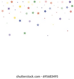 colorful stars confetti vector background. glitter dots and stars flying, raising up or falling. top border Design element for festive banner, birthday and greeting card, postcard, wedding invitation.