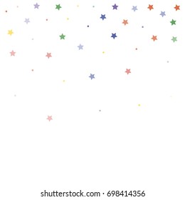 colorful stars confetti vector background. glitter dots and stars flying, raising up or falling. top border Design element for festive banner, birthday and greeting card, postcard, wedding invitation.