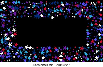 Colorful stars confetti. Vector cosmic abstract frame background. Christmas, new year celebration, birthday party, carnival or festival glamour design.