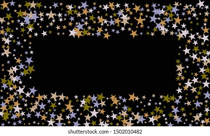 Colorful stars confetti. Vector cosmic abstract frame background. Christmas, new year celebration, birthday party, carnival or festival glamour design.