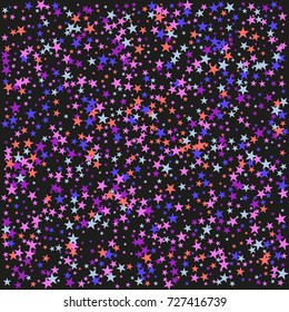 Colorful stars confetti. Vector cosmic abstract frame background. Christmas, new year celebration, birthday party, carnival or festival glamour design. Luxury stardust. Shiny festive colorful glitter