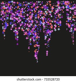 Colorful stars confetti. Vector cosmic abstract frame background. Christmas, new year celebration, birthday party, carnival or festival glamour design. Luxury stardust. Shiny festive colorful glitter