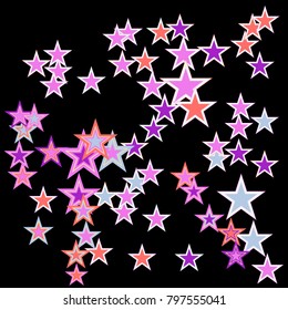 Colorful Stars confetti. Vector cosmic abstract frame background. Christmas, new year celebration, birthday party, carnival or festival glamour design. Luxury stardust. Shiny festive colorful glitter