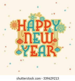 Colorful stars decorated beautiful greeting card design with snowflakes and Xmas Balls for Happy New Year celebration.